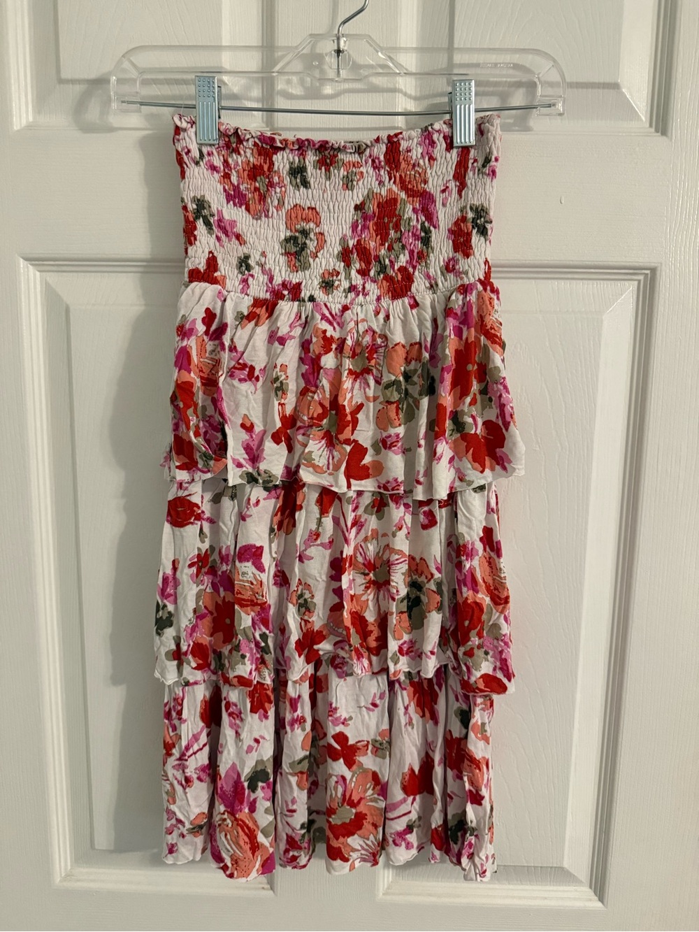 Smocked Strapless Floral Sundress in White with Pink & Red Print